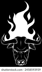 white silhouette of Bull Head Flame-Furious Bull and flame on black background