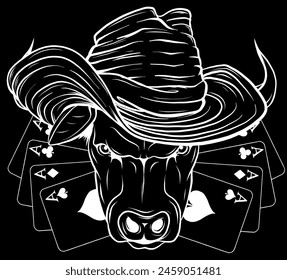 white silhouette of Bull mascot, with hat and poker ace on black background