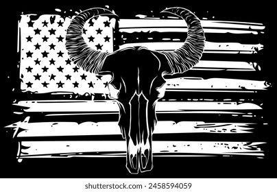 white silhouette of Bull skull with american flag vector illustration on black background