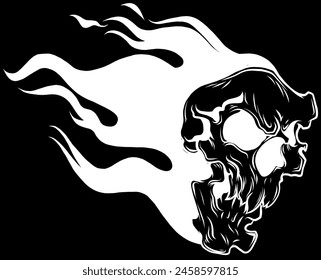 white silhouette of Burning skull with flame hair on black background vector design