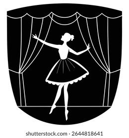 A silhueta branca captura uma bailarina posicionada graciosamente em um palco emoldurado por cortinas pretas. Seus braços se estendem para fora, capturando a essência da dança contra o pano de fundo transparente.