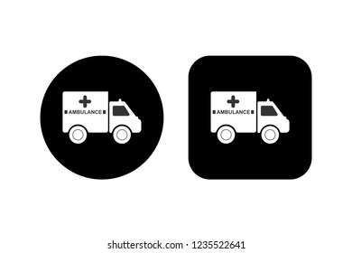 White silhouette of a car with an inscription ambulance on a square and round black background