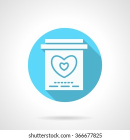 White silhouette card or invitation for wedding, romantic event. Sheet with heart and abstract text. Blue vector icon with long shadow. Valentines Day series. Design element for website, mobile app.