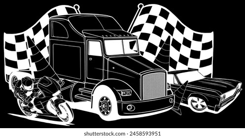 white silhouette of Cartoon vehicles transport on black background