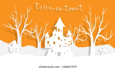 White Silhouette castle on Spooky forest in Halloween night 