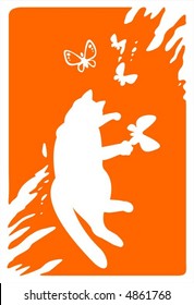 White silhouette of the cat catching butterflies on a grunge orange background.