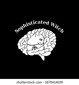 White silhouette of cat inside a brain and text sophisticated witch. Witchcraft and magic vector print.