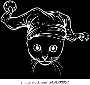 white silhouette of Cat in a joker hat. Vector illustration.