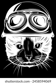 white silhouette of Cat with steampunk helmet. Vector illustration.