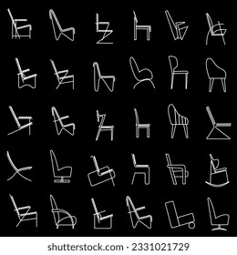 White silhouette of chairs and arm chairs of modern design on a black background.  Seamless printing pattern for printing on fabric, packaging, textiles, greeting cards 