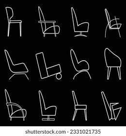 White silhouette of chairs and arm chairs of modern design on a black background.  Seamless printing pattern for printing on fabric, packaging, textiles, greeting cards 