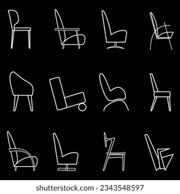 White silhouette of chairs and arm chairs of modern design on a black background.  Seamless printing pattern for printing on fabric, packaging, textiles, greeting cards 