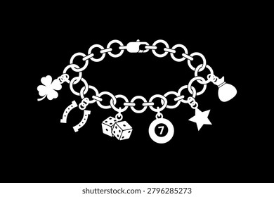 A white silhouette of a charm bracelet with various lucky charms including a four-leaf clover, horseshoe, dice, number 7, star, and money bag on a black background.
