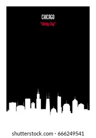 White silhouette Chicago urban skyline on black background. Vector card. 