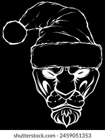 white silhouette of Christmas holidays lion with hat on black background.Vector illustration.