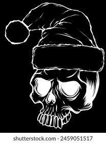 white silhouette of Christmas skull on black background. vintage design t-shirts