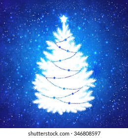 White silhouette of Christmas tree on blue grunge watercolor background with sparkles and falling snow.