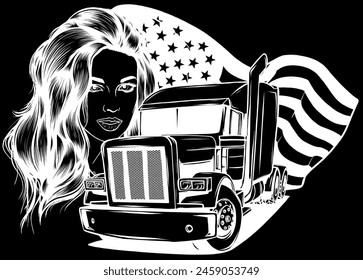 white silhouette of Classic American Truck. Vector illustration with american flag and woman on black background