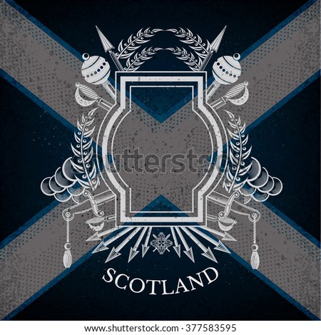 White silhouette Coat of Arms With Frame and Vintage Weapons on Scotland Flag Background. Brand or T-shirt Style