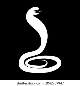 White silhouette of a cobra standing in an attack pose with an open mouth and forked tongue against a black background