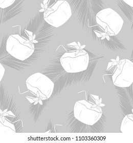 White silhouette coconut water wiht coconut leaves random on gray background. Seamless pattern background design for Summer season or drink in vector illustration.