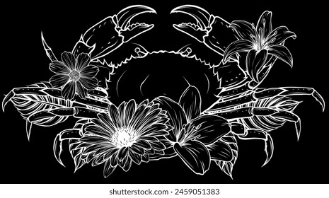 white silhouette of composition crab and flowers on black background vector illustration