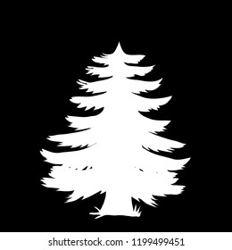 White silhouette of coniferous tree icon isolated on black background. Vector illustration, pictogram, sign, template, clip art for design.