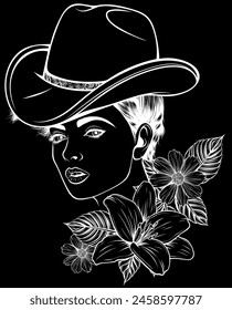 white silhouette of country girl, cowgirl on black background