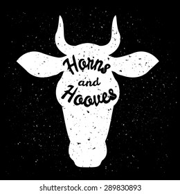 White silhouette of cow head with grunge scratched texture design and text inside. Logo or poster concept. Vector illustration.