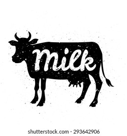 White silhouette of cow head with grunge scratched texture design and text inside. Logo or poster concept. Vector illustration.