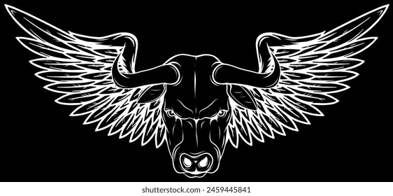 white silhouette of cow wing on black background vector illustration, Winged cow ancient emblems elements