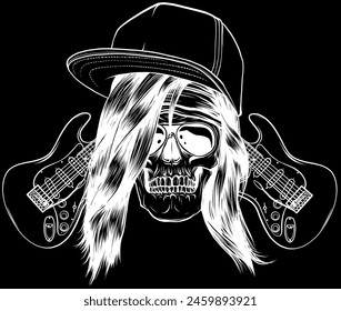 white silhouette of crossed guitars and skull with bonnet and glasses. hand draw on black background