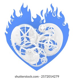 White silhouette of cut paper clockwork gears in blue frame of burning heart. Valentine greeting card or T shirt design. Vector illustration