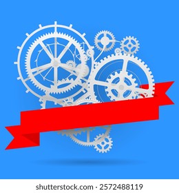 White silhouette of cut paper gear wheels of clockwork and red ribbon banner on blue background. Vector Illustration