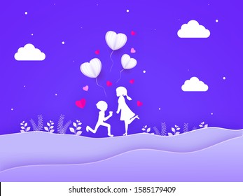 White Silhouette of Cute Boy Proposing Girl and Origami Heart Shaped Balloons and Clouds on Purple Paper Cut Wavy Background.