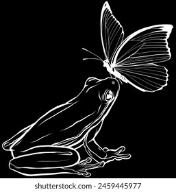 white silhouette of Cute funny butterfly on frog on black background vector illustration