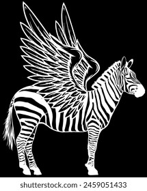 white silhouette of Cute zebra with wings. Isolated animal on black background