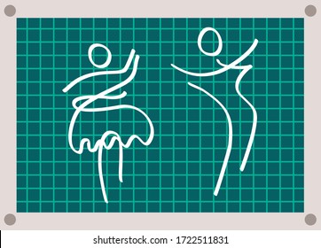 White silhouette of dancing couple on green checkered background with marked fields. Swirling couple silhouette. Abstract simple green checker paper sketch of dancing people. Retro dance, waltz