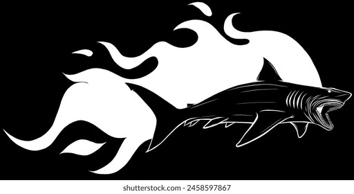 white silhouette of Danger shark with flames fon black background