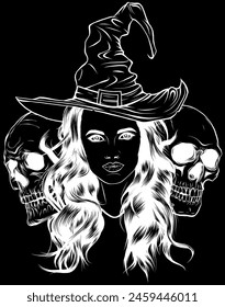 white silhouette of Dead witch with two sugar skulls on black background