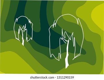White silhouette of deciduous trees on a green background. Tree on a dark background of wavy lines. Nature in the spring. Spring landscape