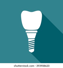 White silhouette of dental implant in flat style . tooth implant icon