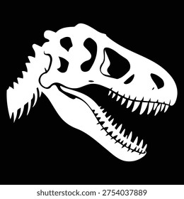 White silhouette of a dinosaur skull with an open jaw revealing sharp teeth against a black backdrop