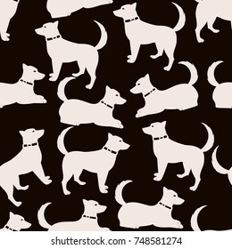 White silhouette of a dog. Seamless pattern.