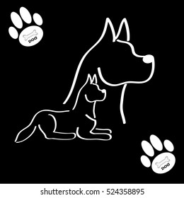 White silhouette of a dogs with paws on black background. Vector illustration.