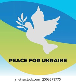 White silhouette of a dove of peace on the background of the Ukrainian flag and the text “Peace to Ukraine”