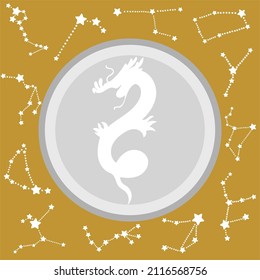Dragón de silueta blanca en forma de círculo plateado o gris con 12 constelaciones blancas en la familia zodiac aisladas sobre fondo dorado o amarillo oscuro.  Diseño plano para el zodiaco animal chino. 