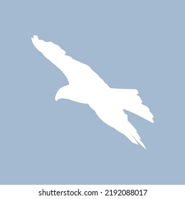 White silhouette of eagle isolated on blue background, vector illustration, flat design of bird of prey.