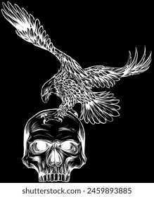 white silhouette of Eagle on human Skull on black background