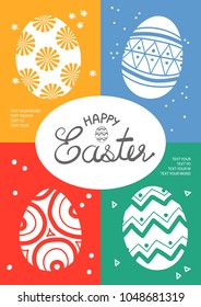 White silhouette Easter eggs are on the center of 4 colorful plane with white space for text at the center. Poster or card design for Easter festival in vector illustration.